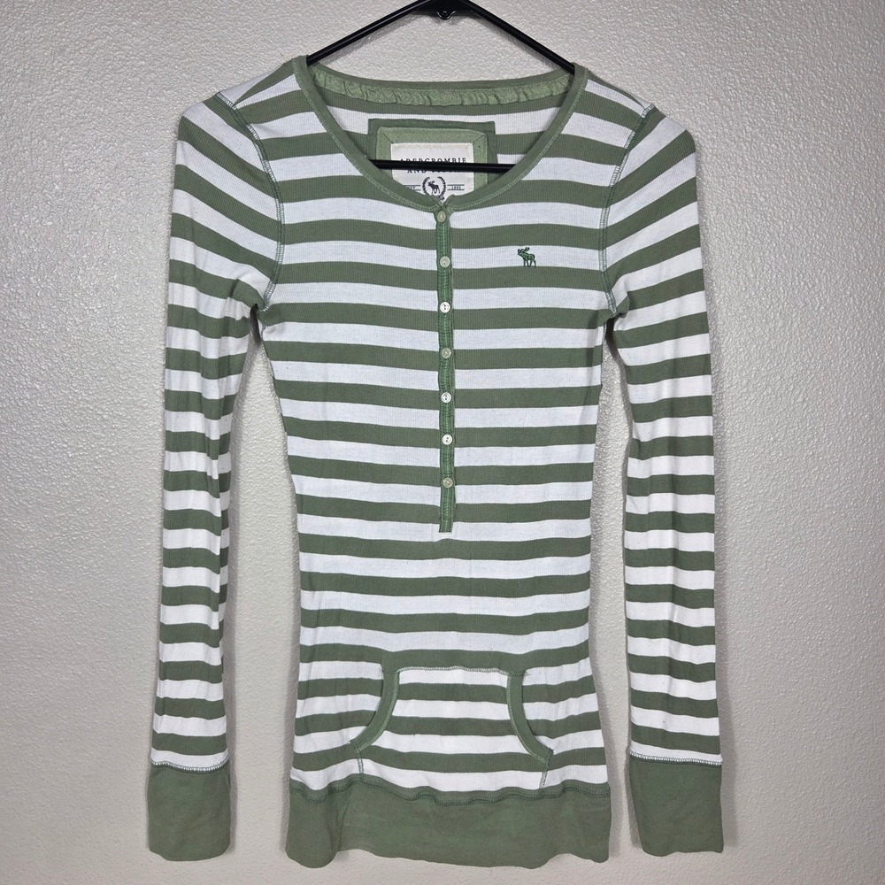 Vintage Abercrombie & Fitch Green Stripe Henley Top M Y2K Moose Pocket